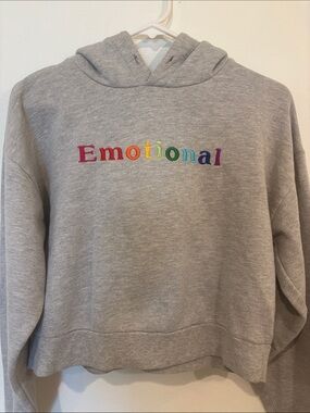 Forever 21 Light Gray Cropped Hoodie with Rainbow 'Emotional' Embroidery